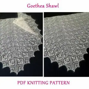 Goethea shawl knitting pattern in pdf. Charted pattern for a lace triangular shawl wrap
