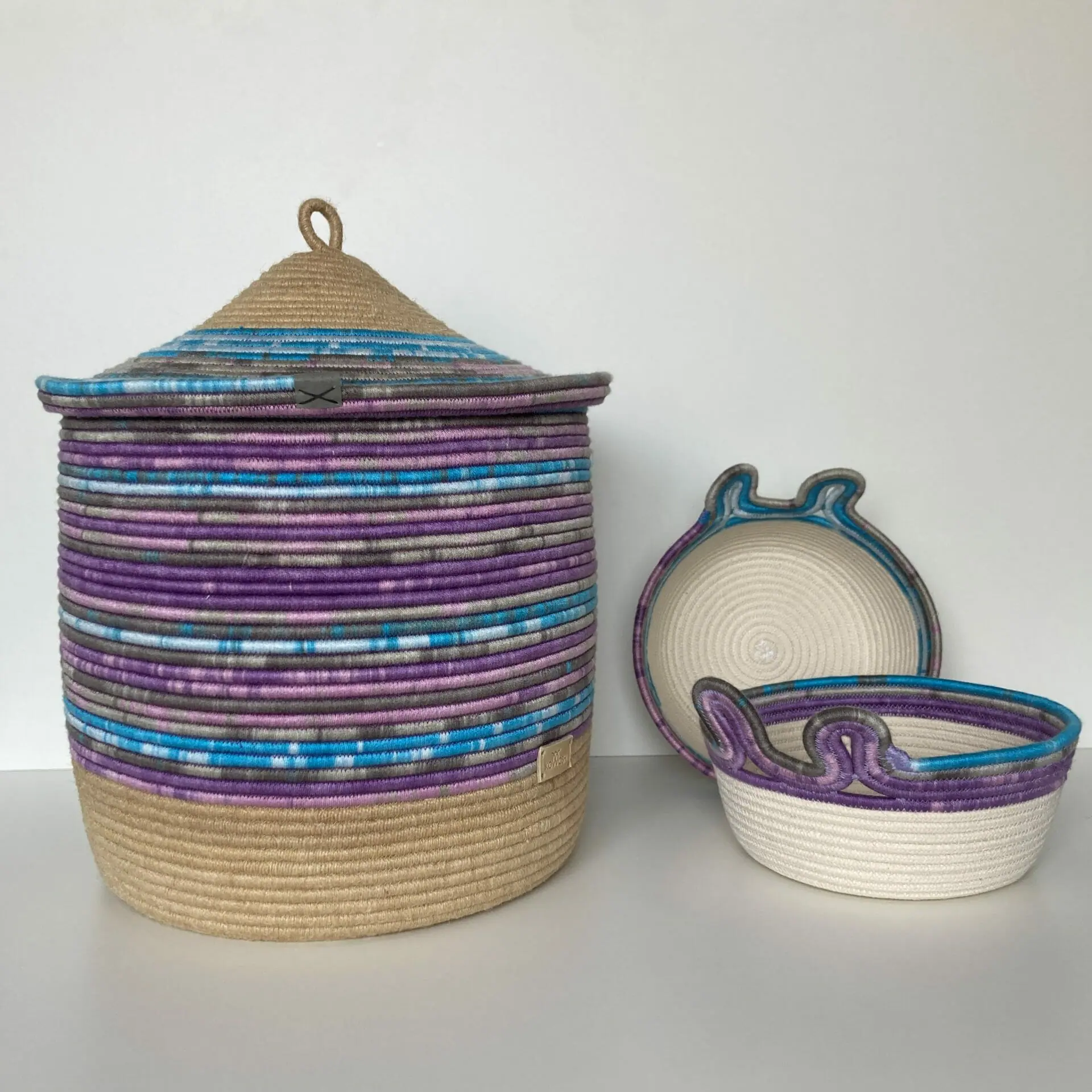 Large storage basket with lid Purple - blue rope basket
