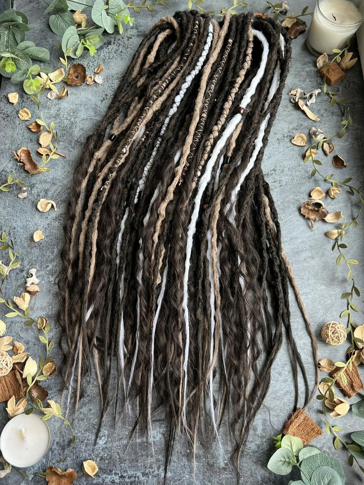 Boho dreads dark brown and light brown, white, set dreadlocks with curls