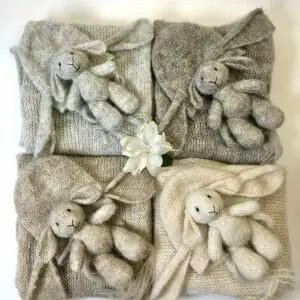 Newborn photo prop bunny set: toy bunny, matching bonnet, wrap