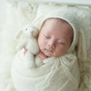 Newborn photo prop bunny set: toy bunny, matching bonnet, wrap