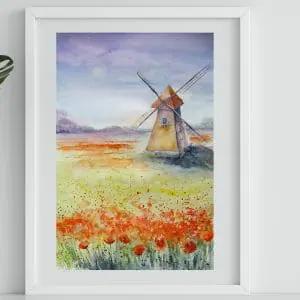 Windmill wall decor 12*16″ scenery watercolor painting