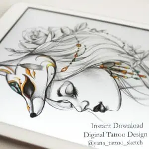 Kitsune Tattoo Sketch Girl Fox Mask Tattoo Flash Lady Fox Tattoo Design for Woman