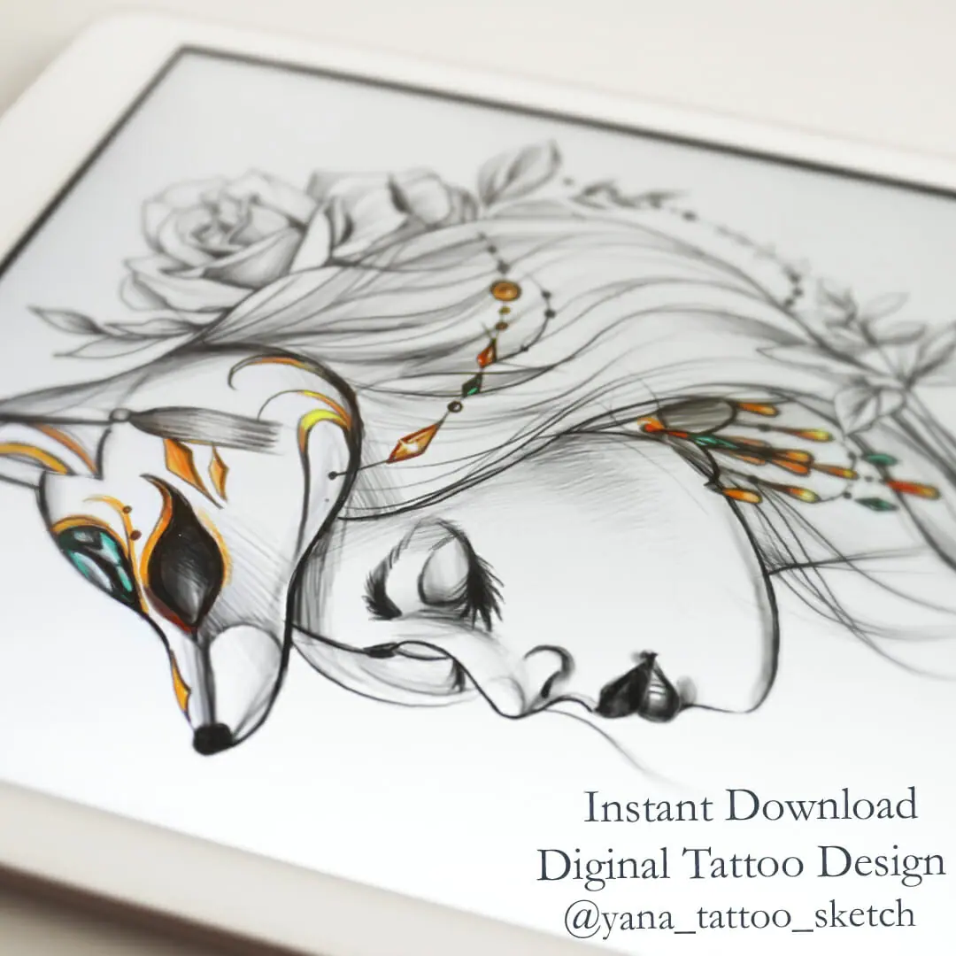 Kitsune Tattoo Sketch Girl Fox Mask Tattoo Sketch Lady Fox Tattoo