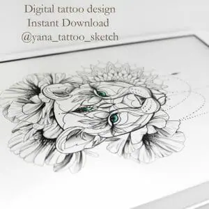 lioness-tattoo-designs-female-lioness-tattoo-sketch-with-flowers-geometric-tattoo-sketch