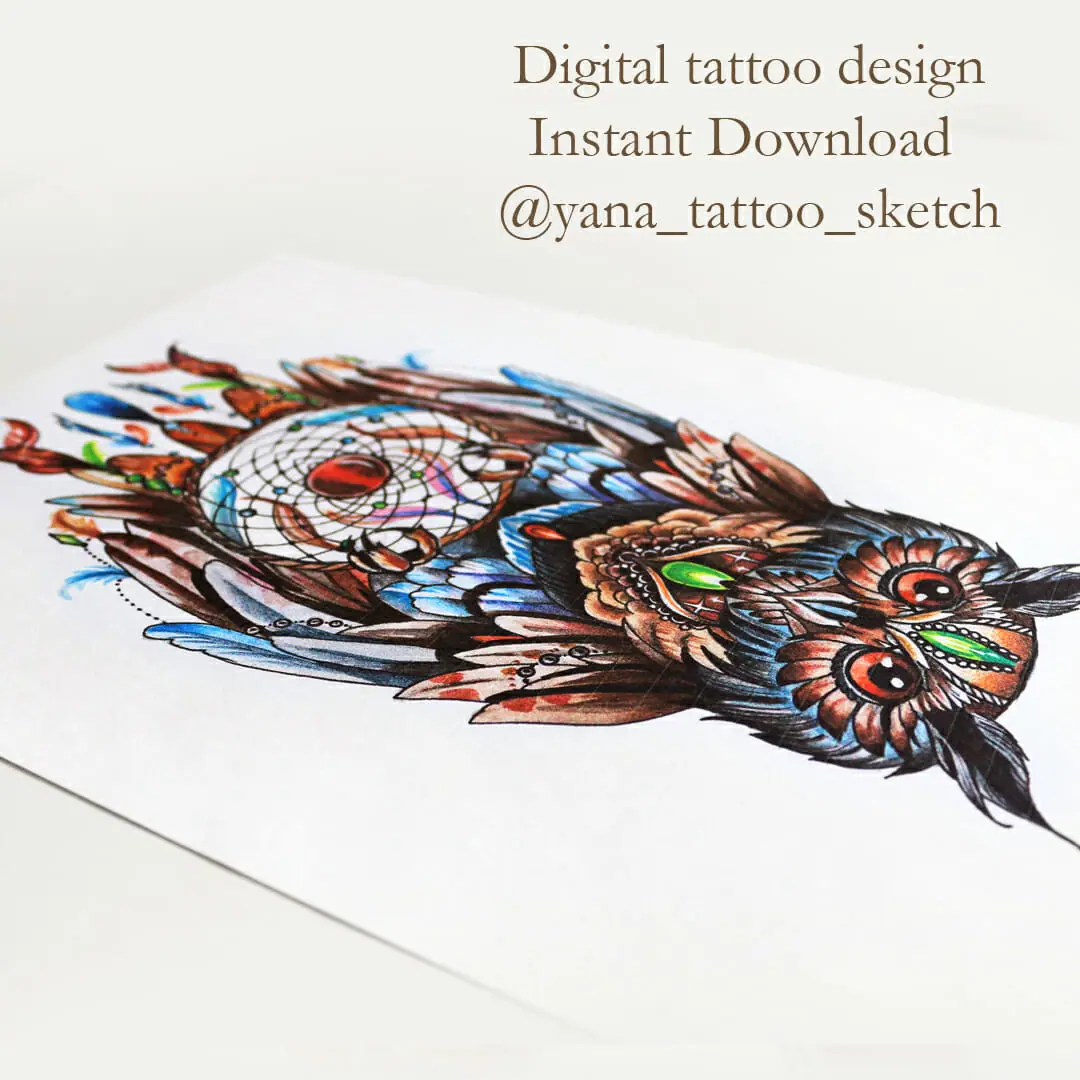Owl Tattoo Design Colored Owl And Dream Catcher Tattoo Sketch