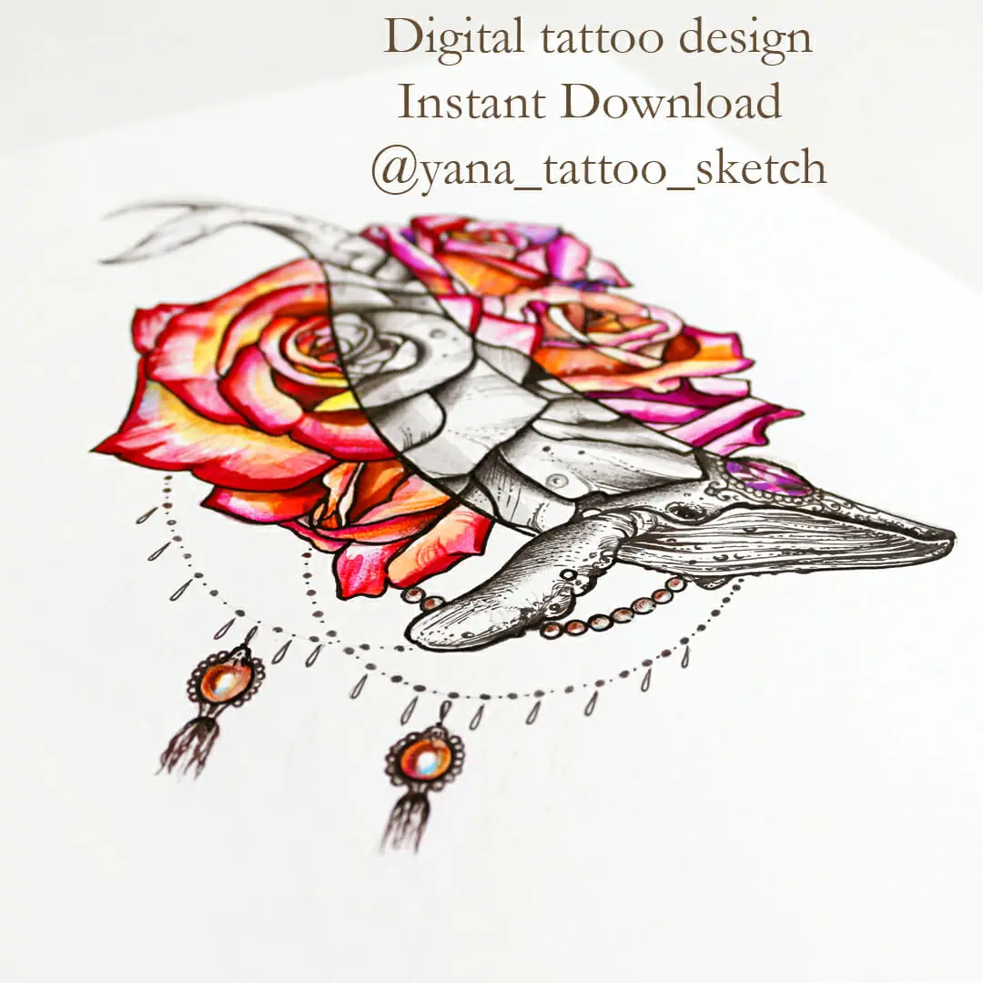 Whale Tattoo Designs Blue Whale Flowers Roses Tattoo Sketch
