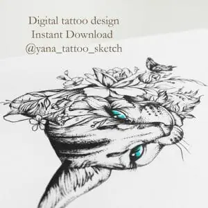 cat-tattoo-designs-for-ladies-cat-and-flowers-tattoo-sketch