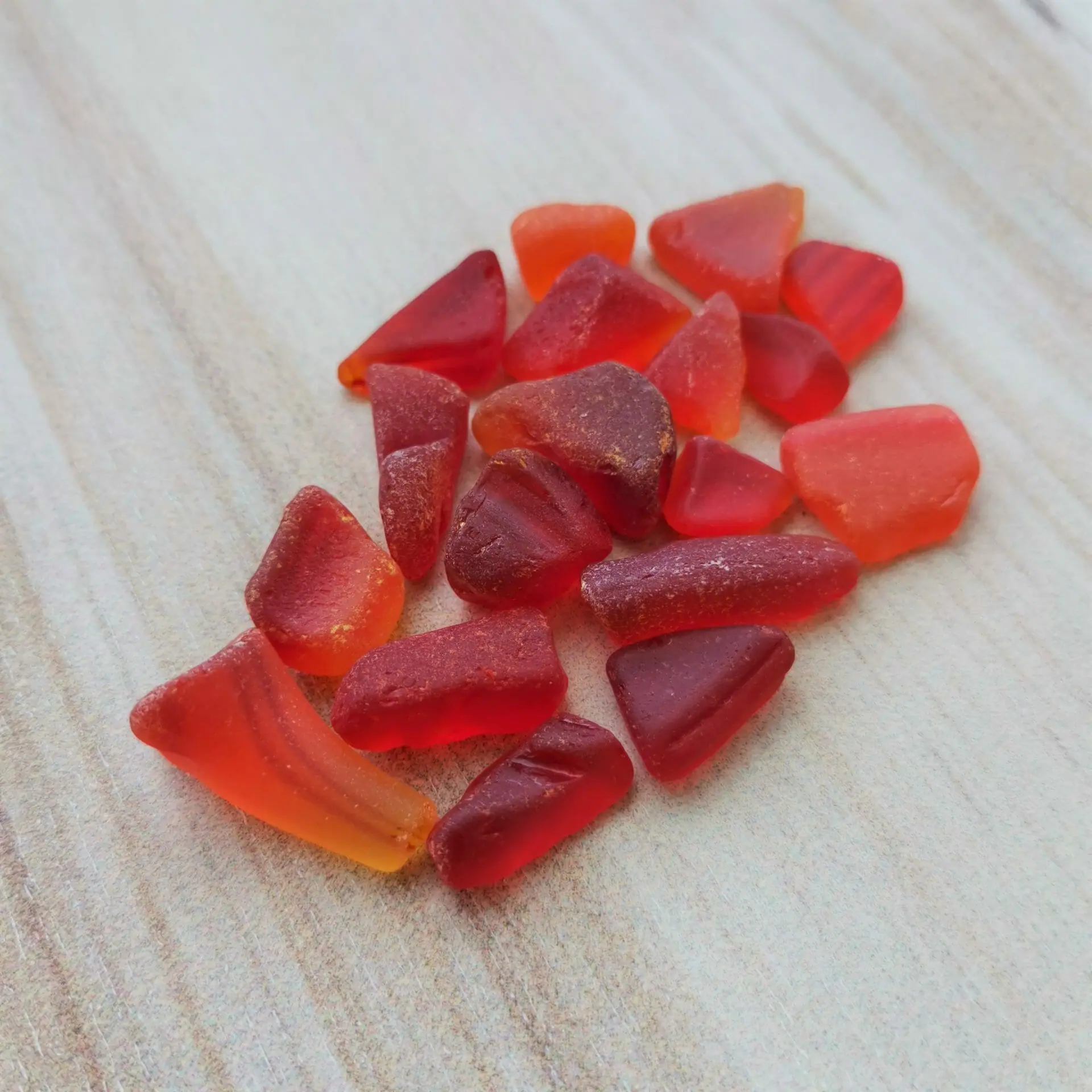 Ambergine orange red sea glass set K49