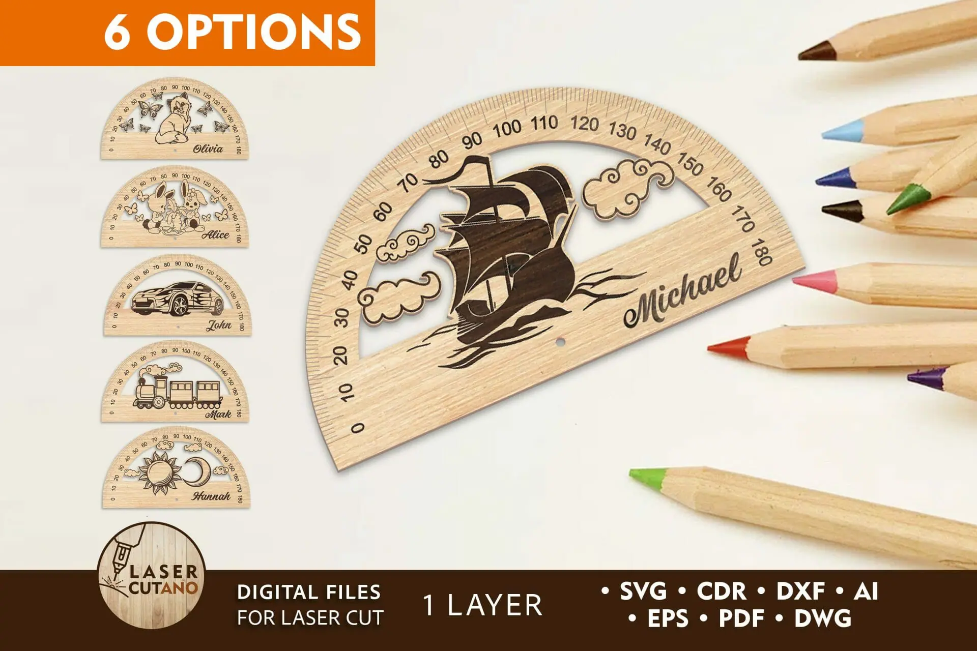 Pradactor Ruler Personalised Wooden Protractor Ruler Kids Bundle - Crealandia
