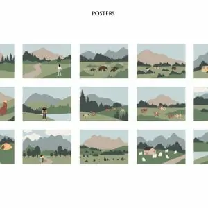 mountain travel poster, landscape illustration clipart