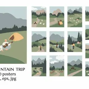 mountain travel poster, landscape illustration clipart
