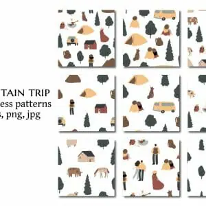 travel seamless pattern, mountain landscape background