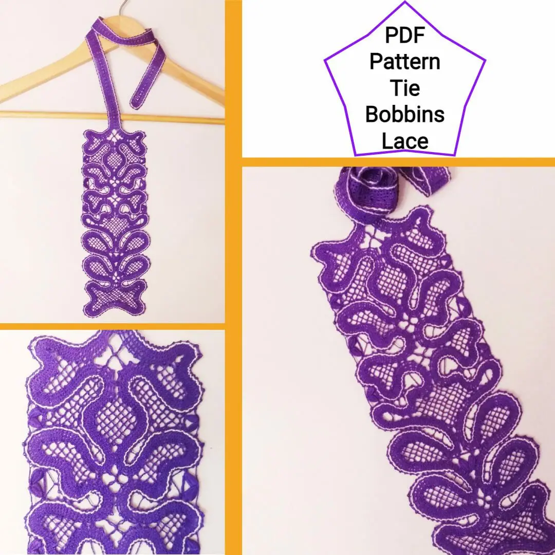 Bobbin lace tie violet. Gift for women. Pattern.