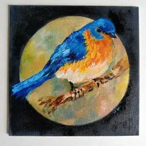 Cute Bird Blue Robin Original Oil Painting Small Wall Art