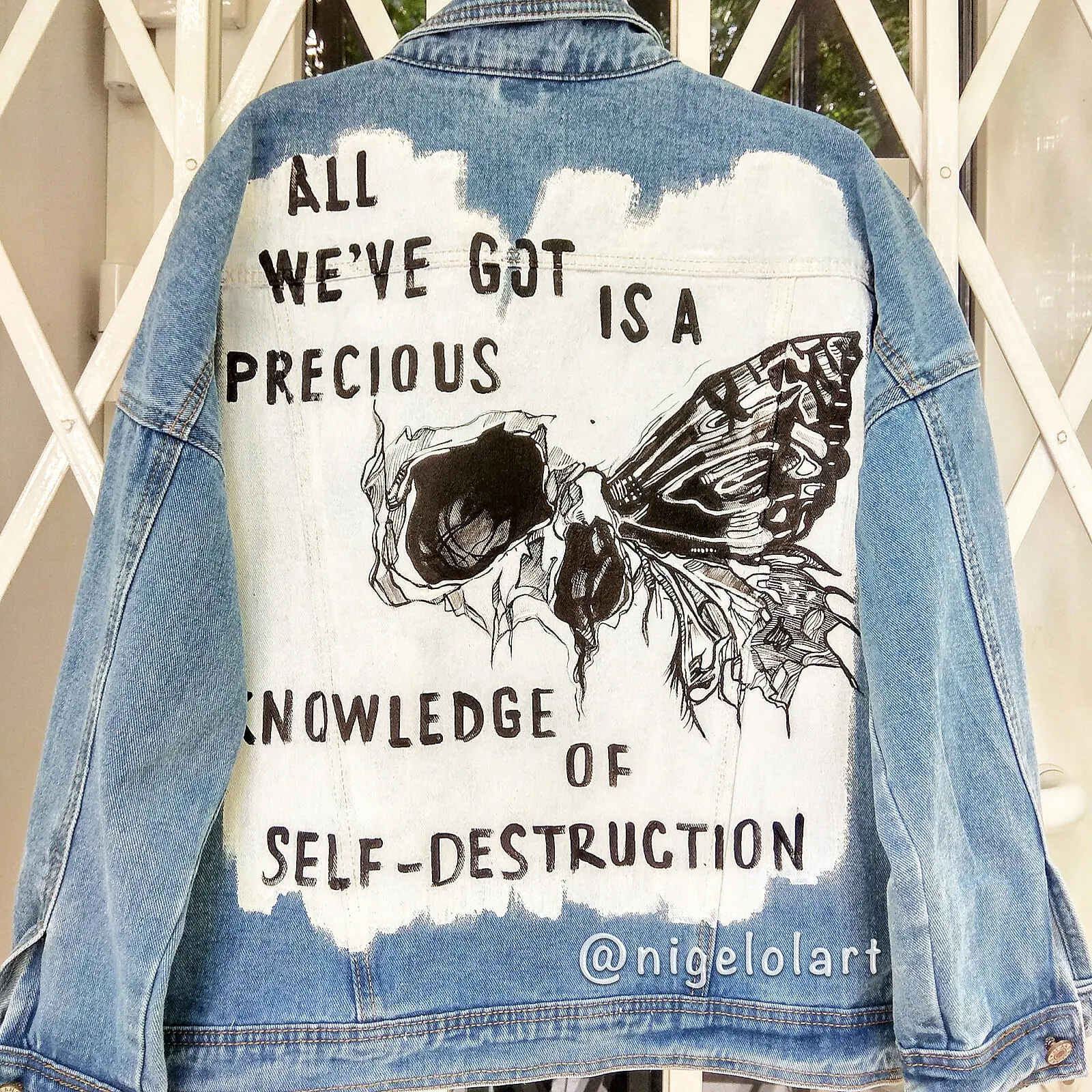 Skull Painted denim jacket lettering quotes