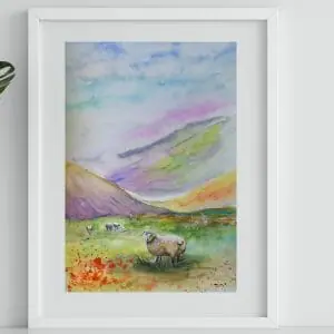 Sheep painting 12*16″ mountains watercolor art Yalozik