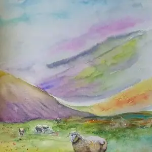 Sheep painting 12*16″ mountains watercolor art Yalozik