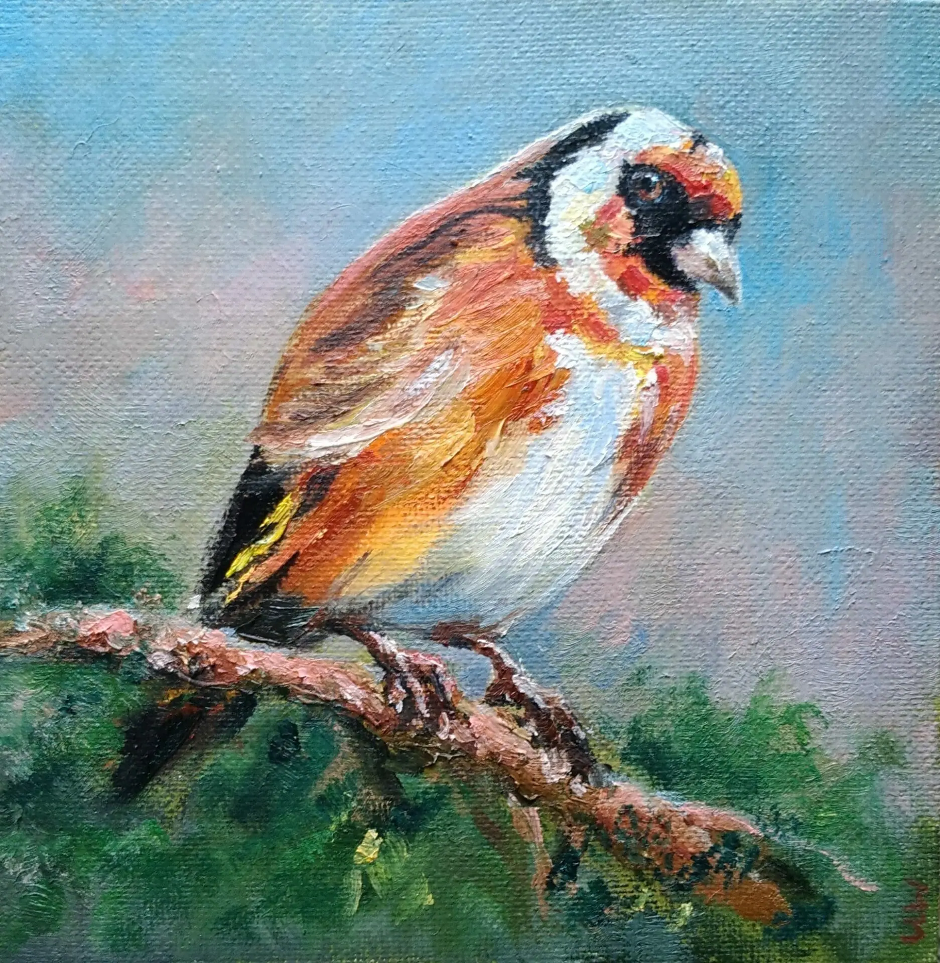 Cute Goldfinch Bird Original Oil Painting Small Wall Art