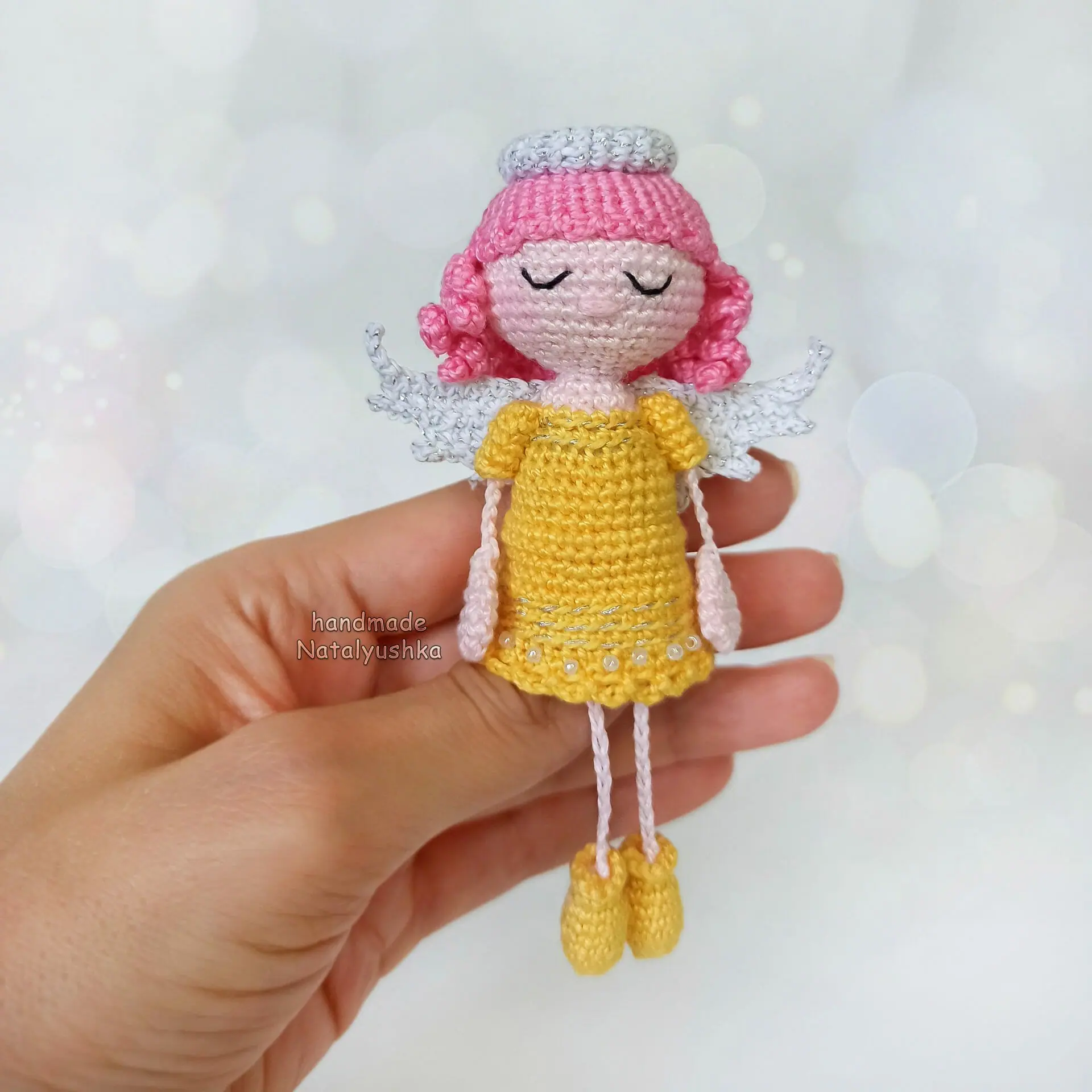 Little Guardian Angel keychain, Crochet angel with pink hair