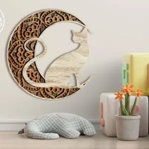 Mandala Moon and Cat, Multilayer Wall Art Decoration