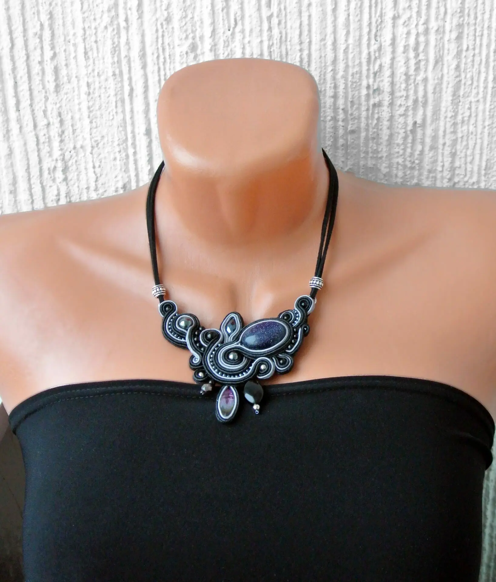 Black Necklace with Aventurine Stone, Statement necklace 3 Black Necklace with Aventurine Stone, Statement necklace - Image 3