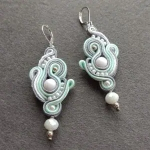 White Chandelier Earrings, Long Embroidered Soutache earrings