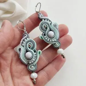 White Chandelier Earrings, Long Embroidered Soutache earrings