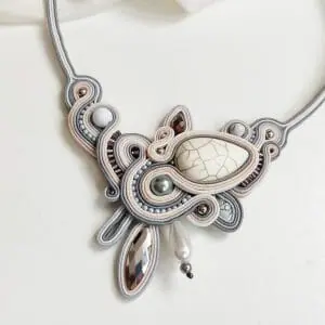 White Statement Necklace with Stone, Soutache necklace