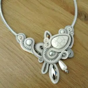 White Statement Necklace with Stone, Soutache necklace