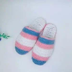 Crochet knitted women’s slippers for home blue-pink