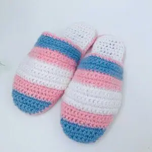 Crochet knitted women’s slippers for home blue-pink