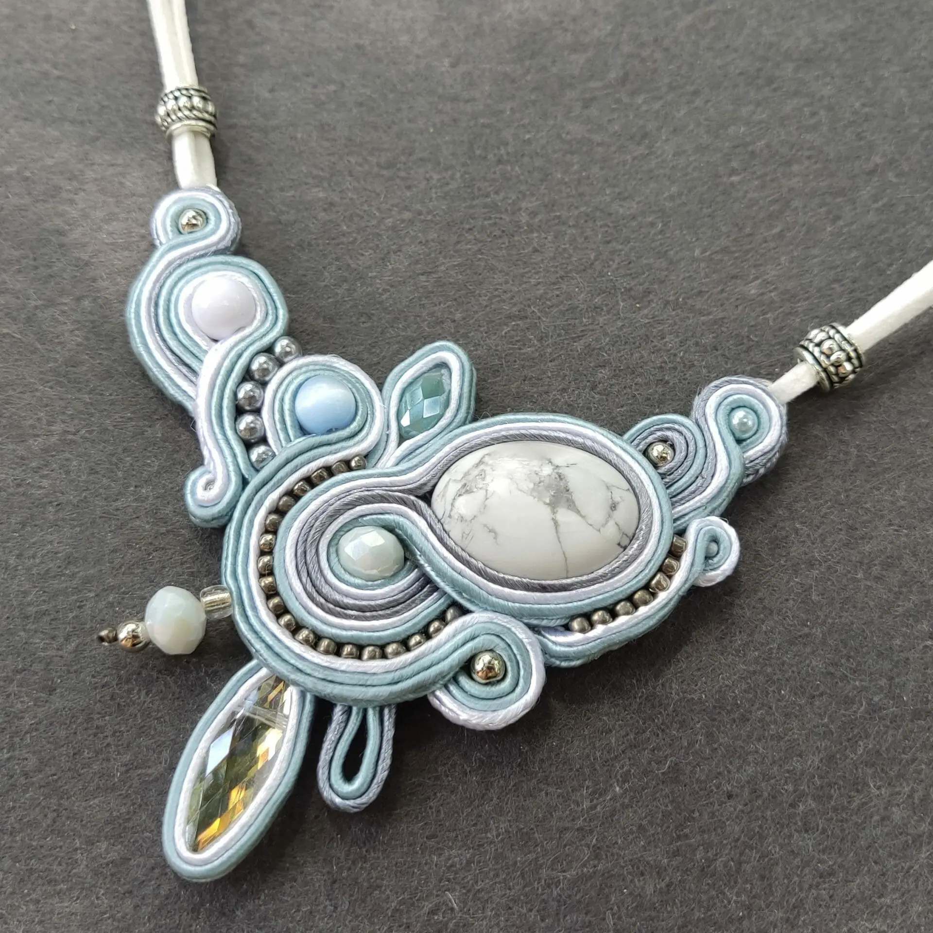White necklace with stone, Soutache necklace