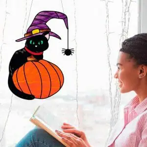 halloween cat, spooky, gothic stained glass
