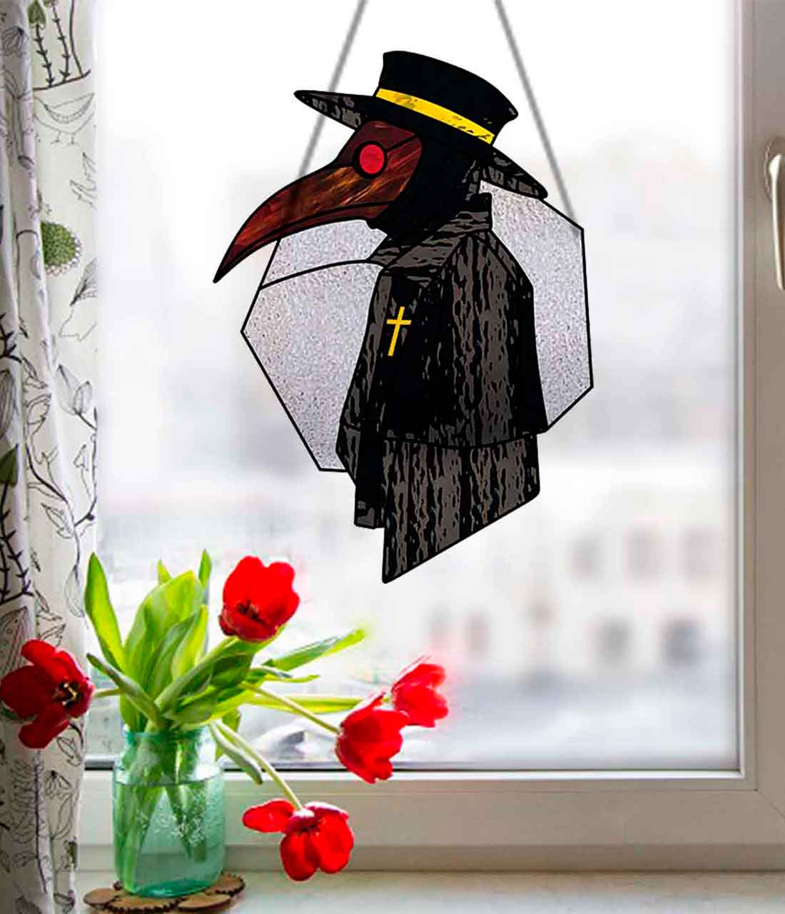 Plague doctor stained outlet glass suncatcher