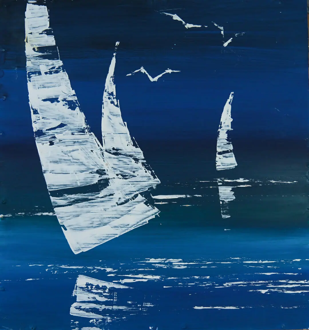 Poster with sailboats 2. Image for interior decor. 1 white sails on a blue background
