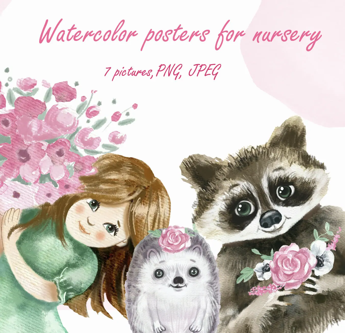 Watercolor posters for nursery, cute girl, raccoon, bunny