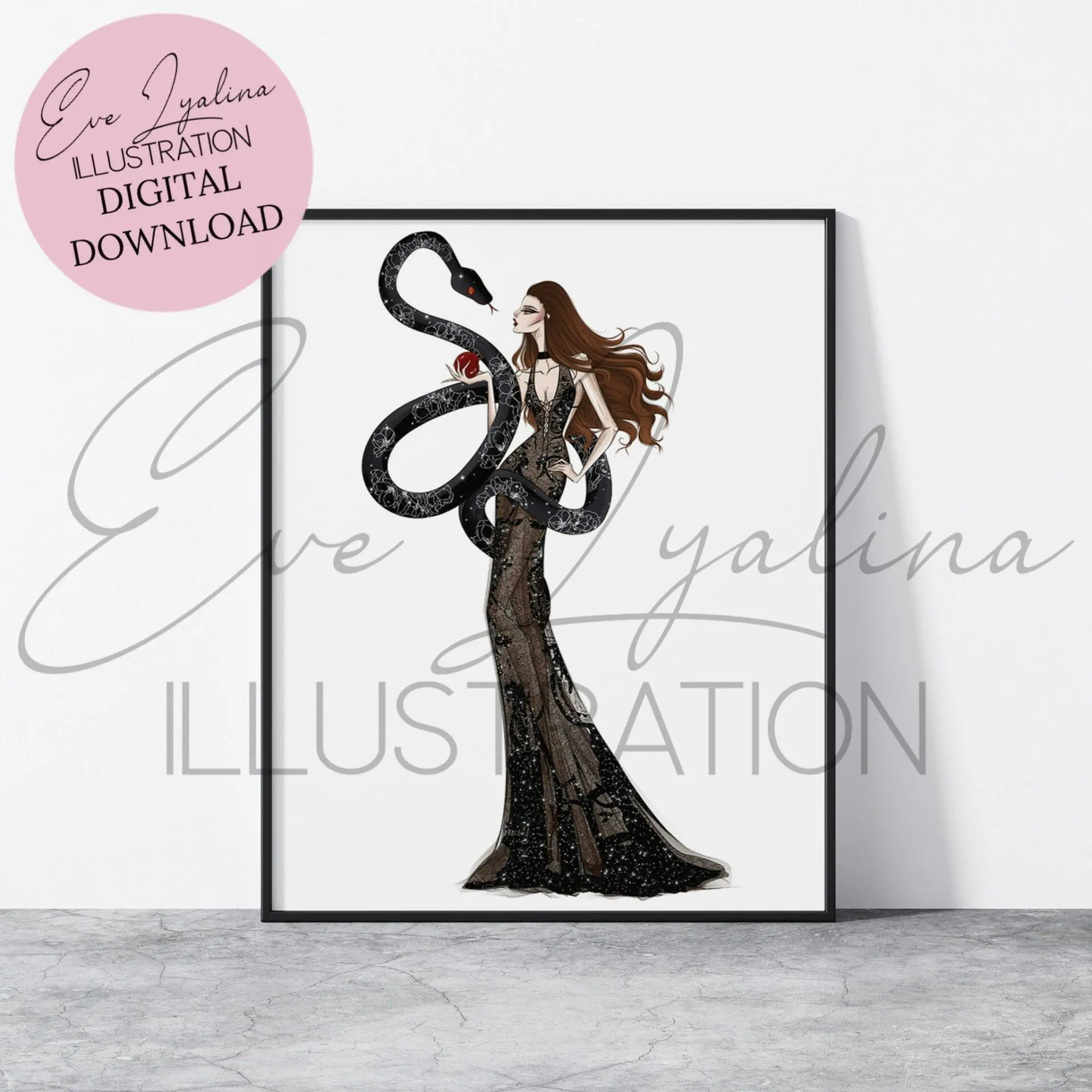 Fashion illustration of a girl and a snake. Digital download