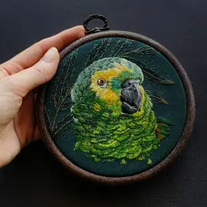 Green parrot framed wall decor for living room, embroidered portrait