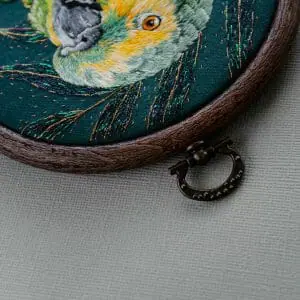 Green parrot framed wall decor for living room, embroidered portrait