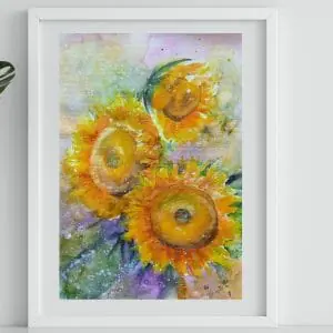 Sunflowers watercolor painting 12*16″ yellow art Yalozik