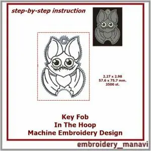 In the hoop embroidery Halloween Bat charm keychain key fob