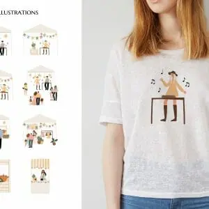 summer market illustration, people walking at festival