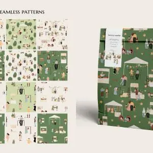 summer market seamless pattern, people at fair digital paper