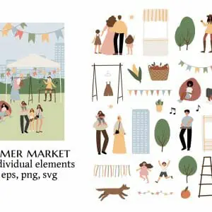 summer market creator clipart set, people walking at fair