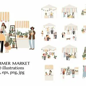 summer market illustration, people walking at festival