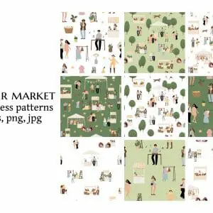 summer market seamless pattern, people at fair digital paper