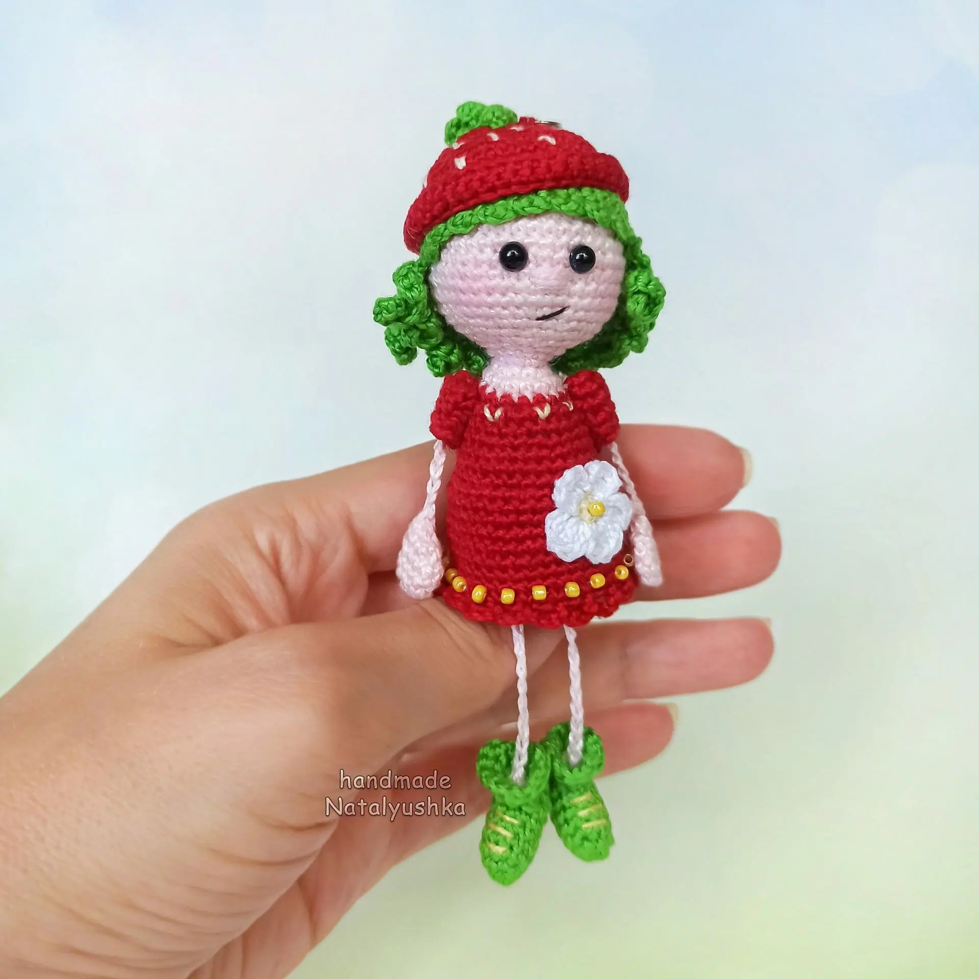 Doll Strawberry keychain, Crocheted summer pocket doll.