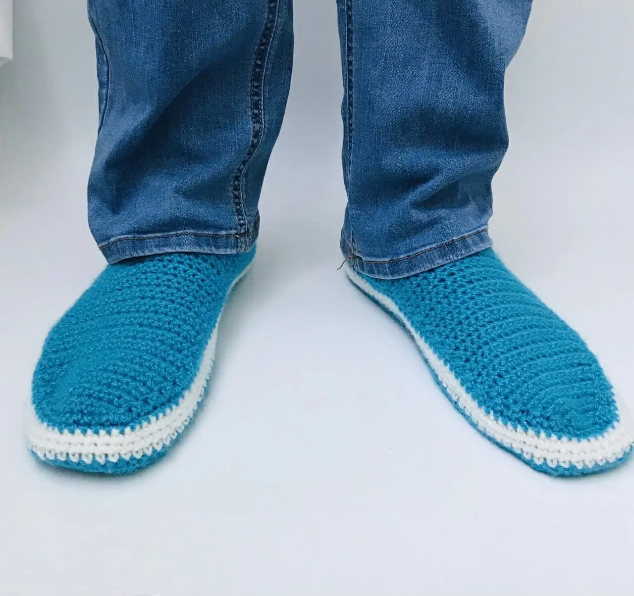 Home slippers for men, stylized as “Blue Moccasins”