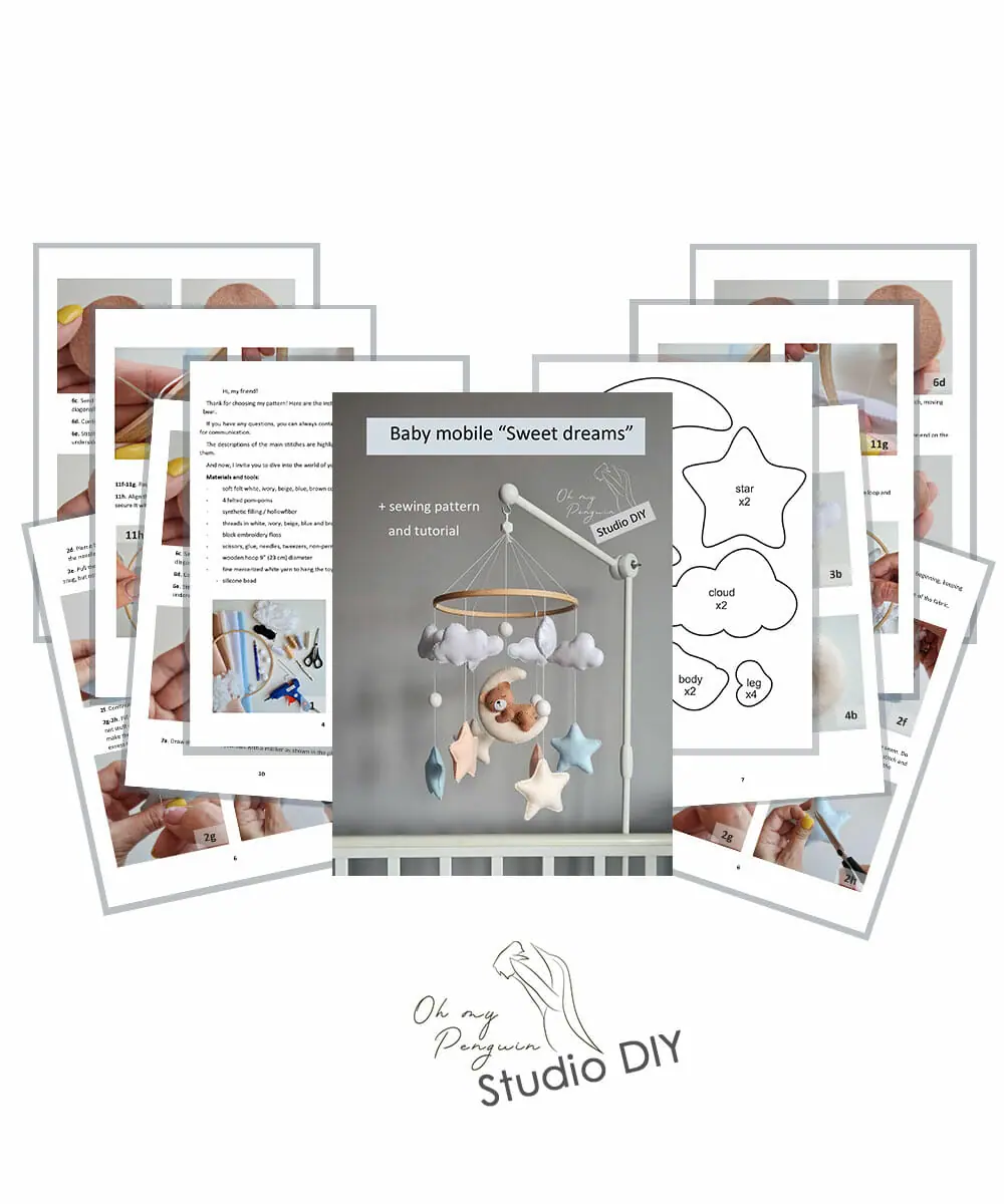 PDF tutorial bear sleep moon baby mobile, pattern toy, do it yourself